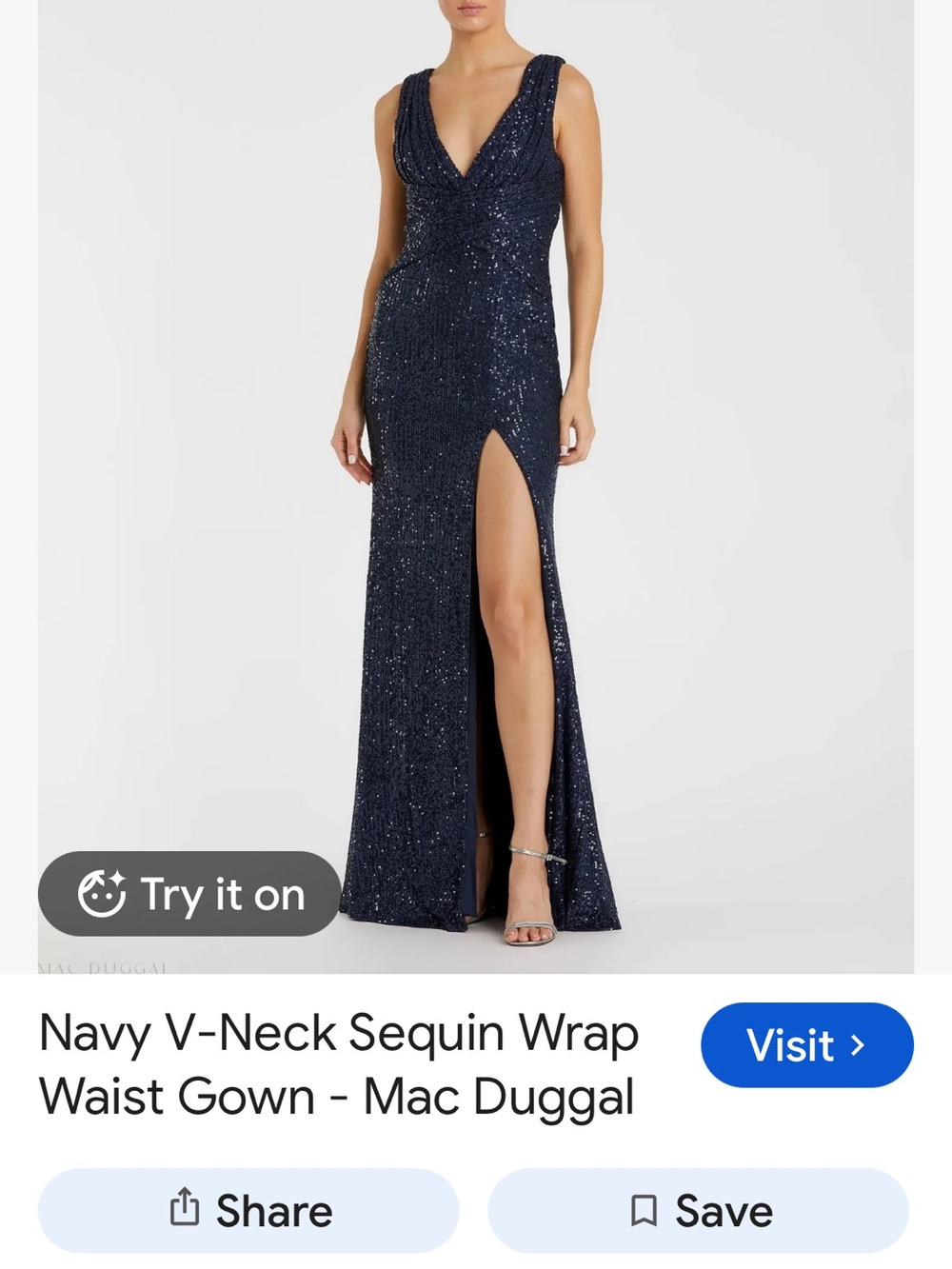 Mac Duggal Navy Sequin V-Neck Wrap Waist Maxi Gown